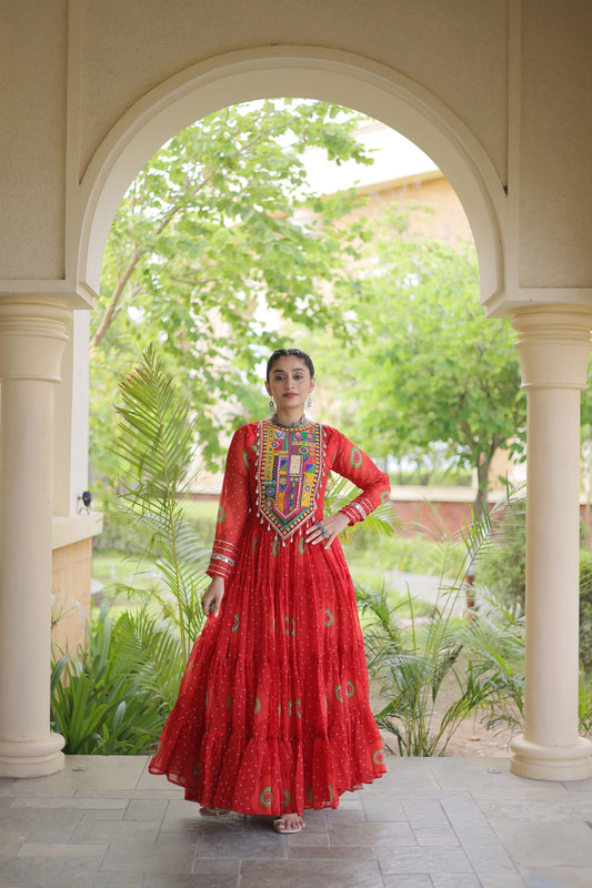 Stylish Red Faux Georgette Designer Gown with Bandhani Printed Flared Skirt