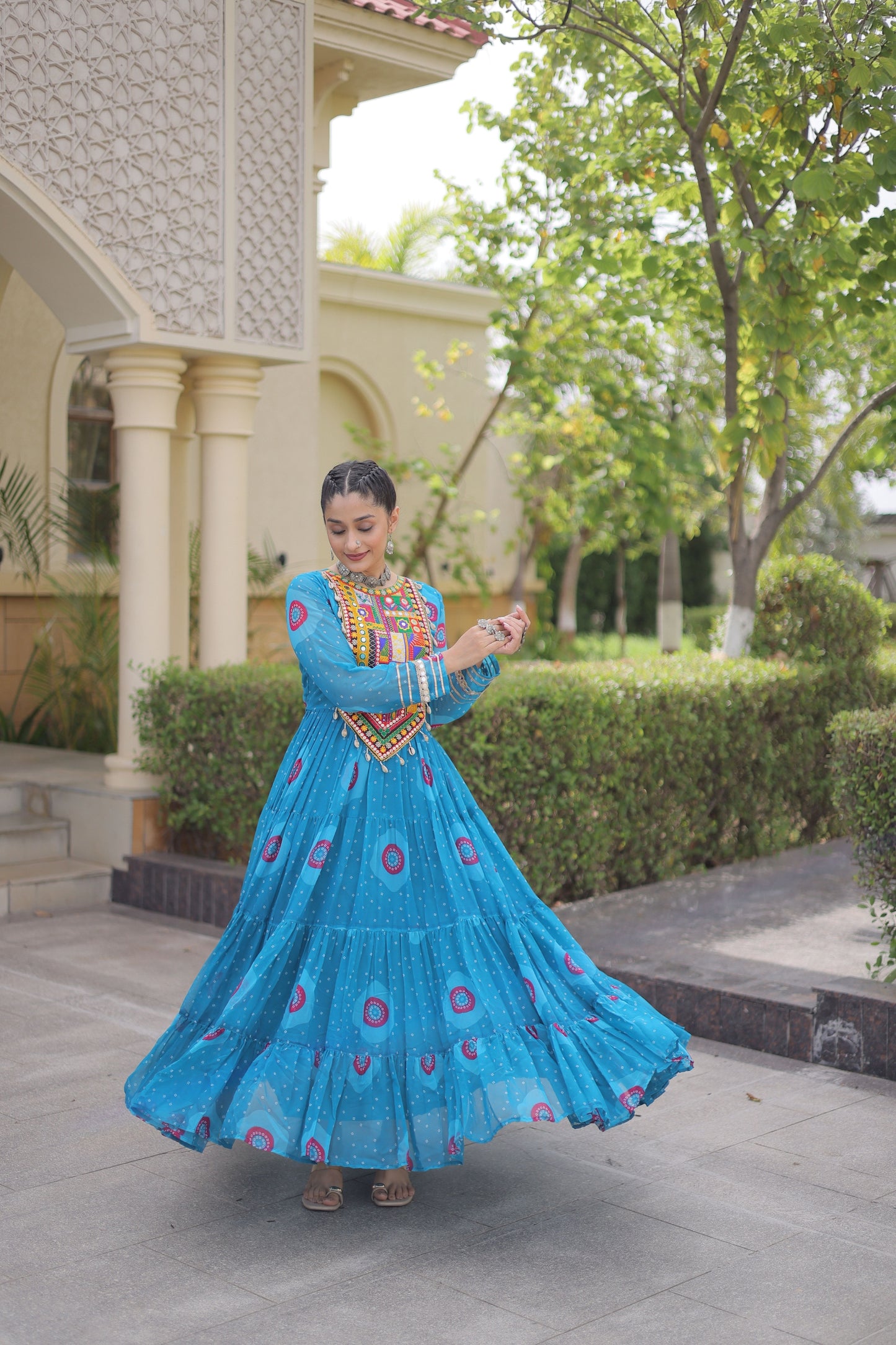 Delicate Sky Blue Faux Georgette Designer Gown with Bandhani Printed Flared Skirt
