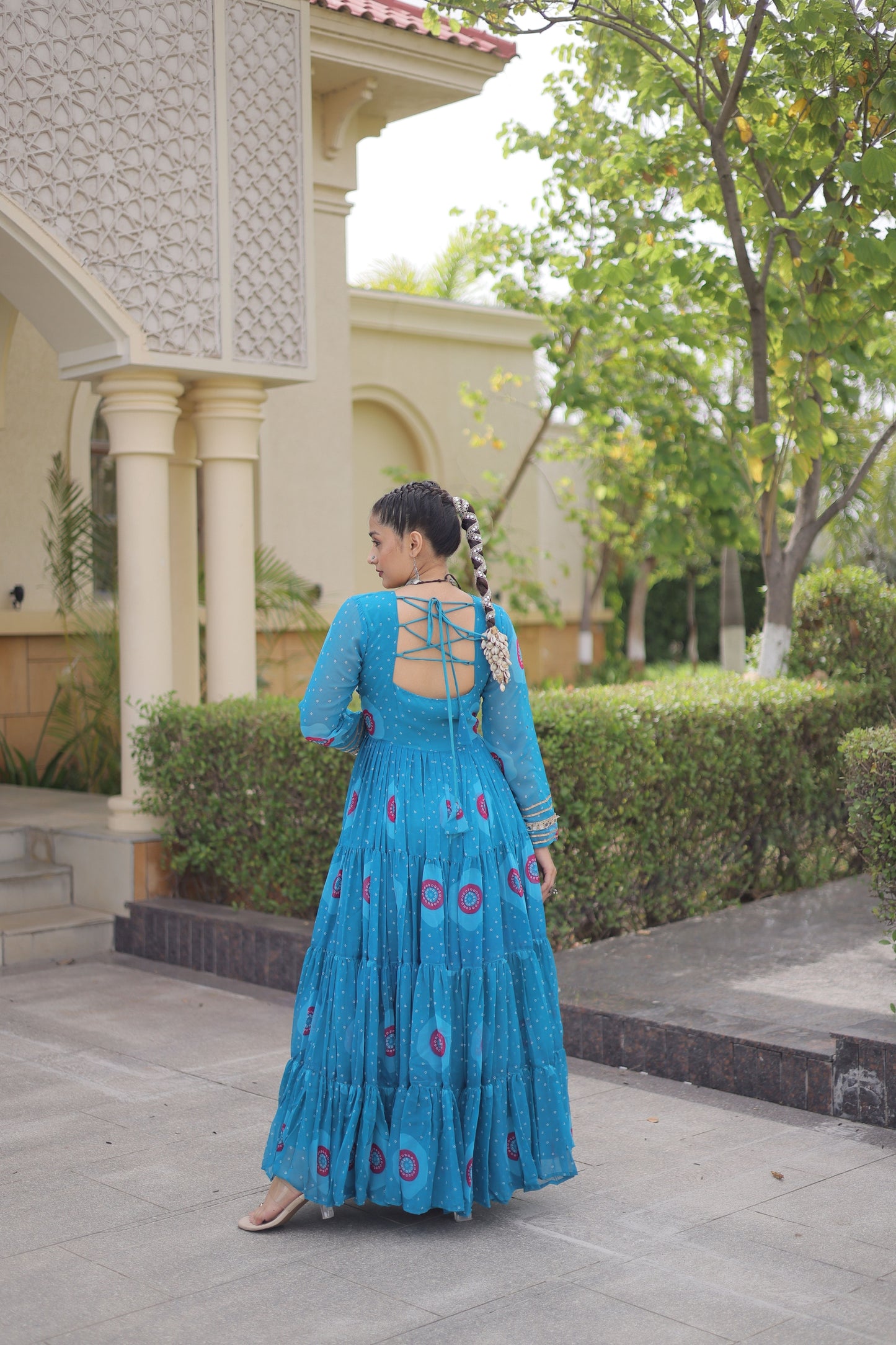 Delicate Sky Blue Faux Georgette Designer Gown with Bandhani Printed Flared Skirt