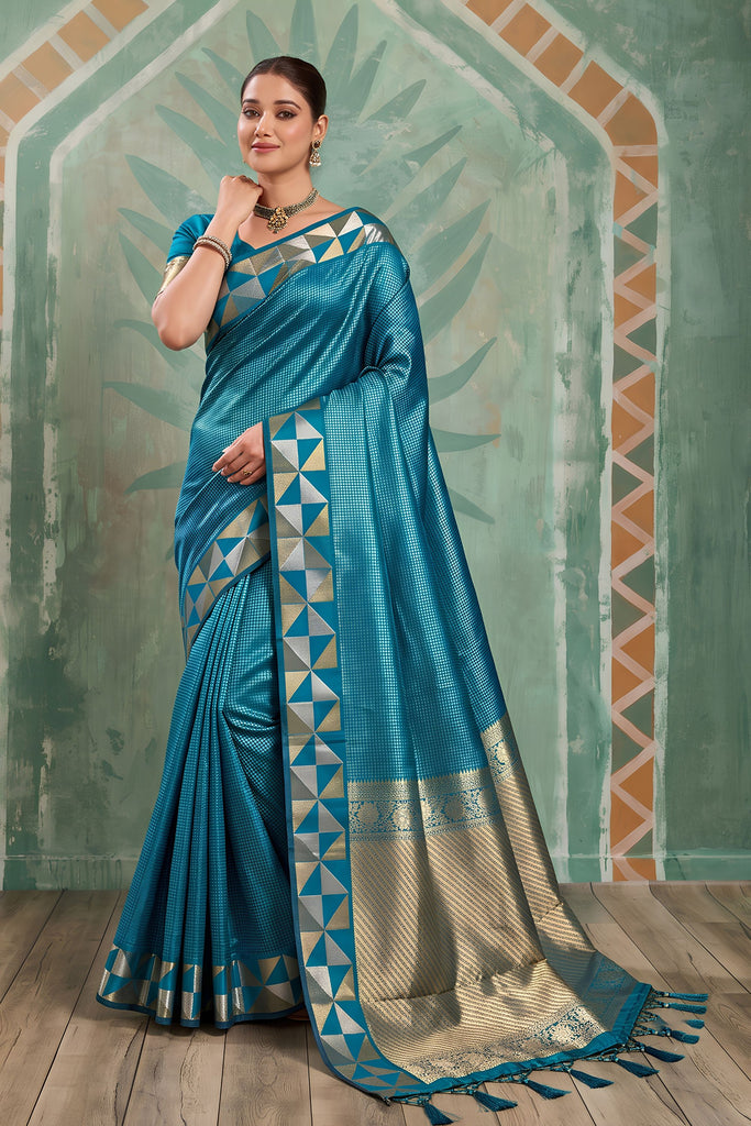 Stylish Teal Blue Art Silk Weaving Jari Designer Saree for Women