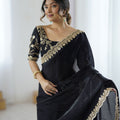 Luxury Black Fendy Satin Sequins Embroidery Work Saree for Women