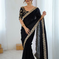 Luxury Black Fendy Satin Sequins Embroidery Work Saree for Women