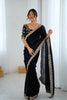Luxury Black Fendy Satin Sequins Embroidery Work Saree for Women