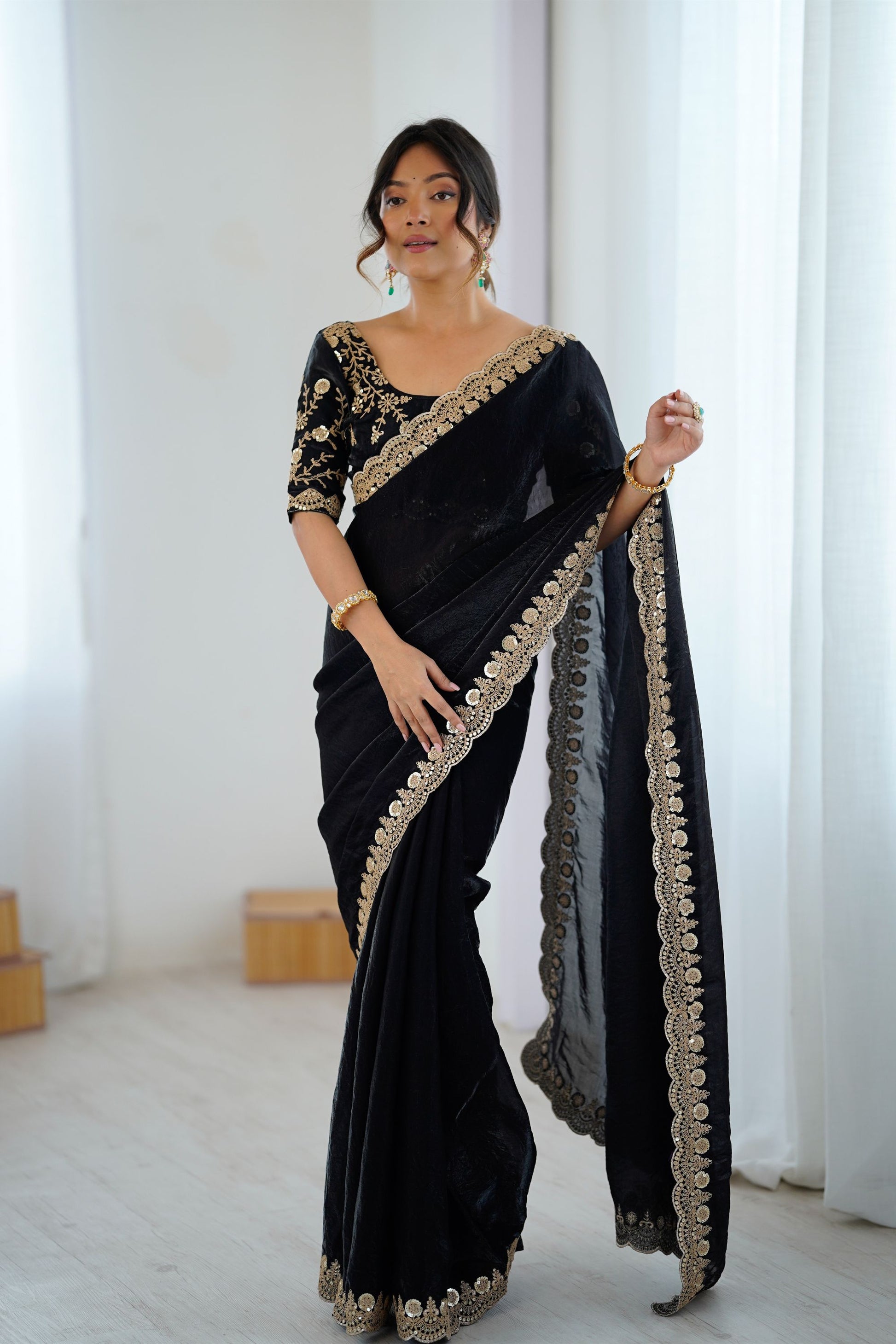 Luxury Black Fendy Satin Sequins Embroidery Work Saree for Women