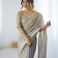 Elegant Grey Fendy Satin Sequins Embroidery Work Saree for Women