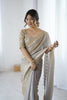 Elegant Grey Fendy Satin Sequins Embroidery Work Saree for Women