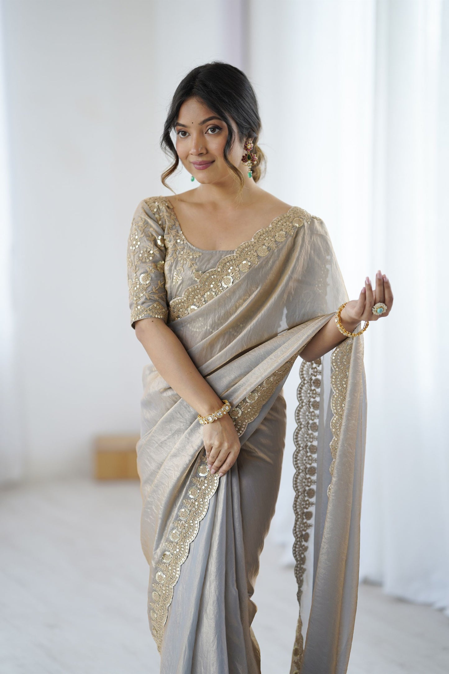 Elegant Grey Fendy Satin Sequins Embroidery Work Saree for Women