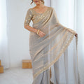 Elegant Grey Fendy Satin Sequins Embroidery Work Saree for Women