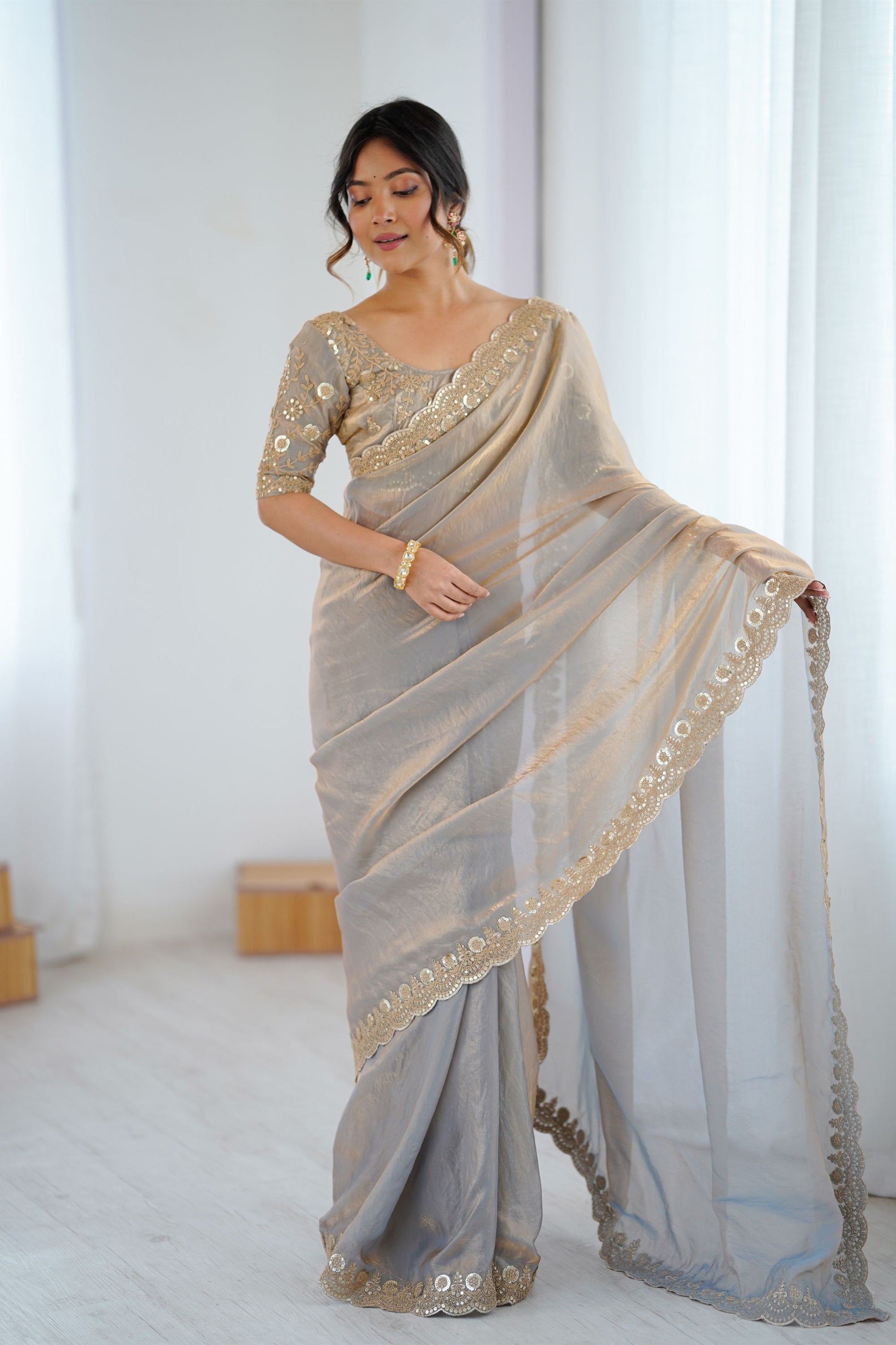 Elegant Grey Fendy Satin Sequins Embroidery Work Saree for Women