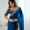 Royal Navy Blue Fendy Satin Sequins Embroidery Work Saree for Women