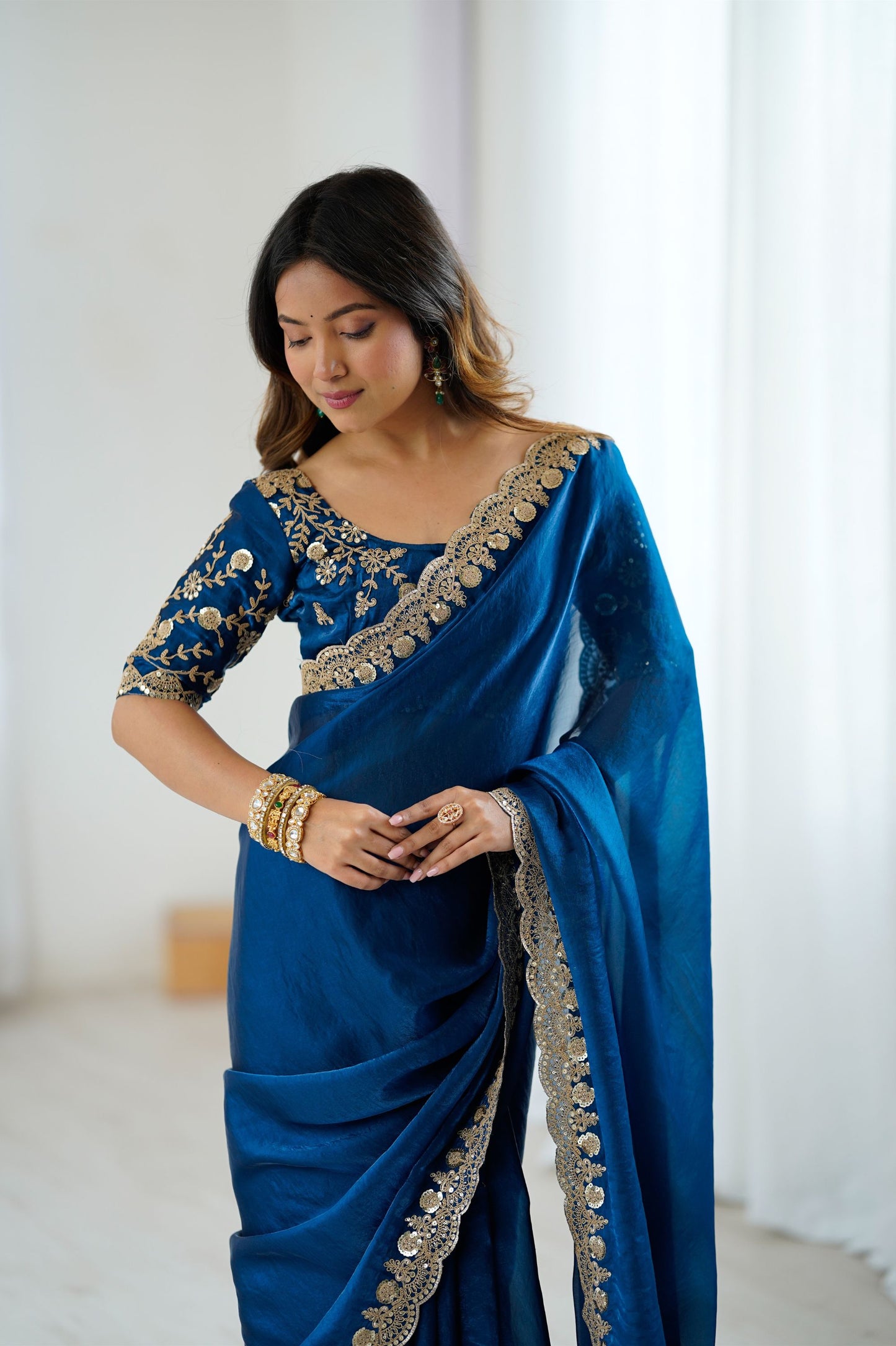 Royal Navy Blue Fendy Satin Sequins Embroidery Work Saree for Women