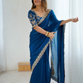 Royal Navy Blue Fendy Satin Sequins Embroidery Work Saree for Women