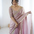 Beautifull Pink Fendy Satin Sequins Embroidery Work Saree for Women