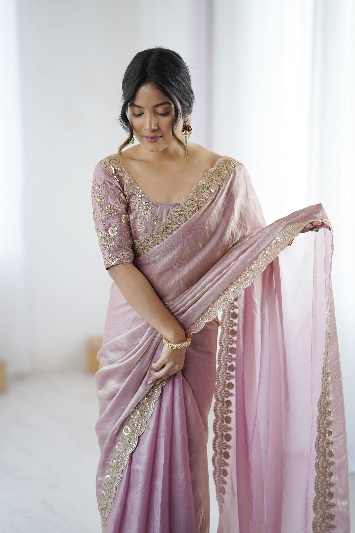 Beautifull Pink Fendy Satin Sequins Embroidery Work Saree for Women