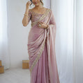 Beautifull Pink Fendy Satin Sequins Embroidery Work Saree for Women