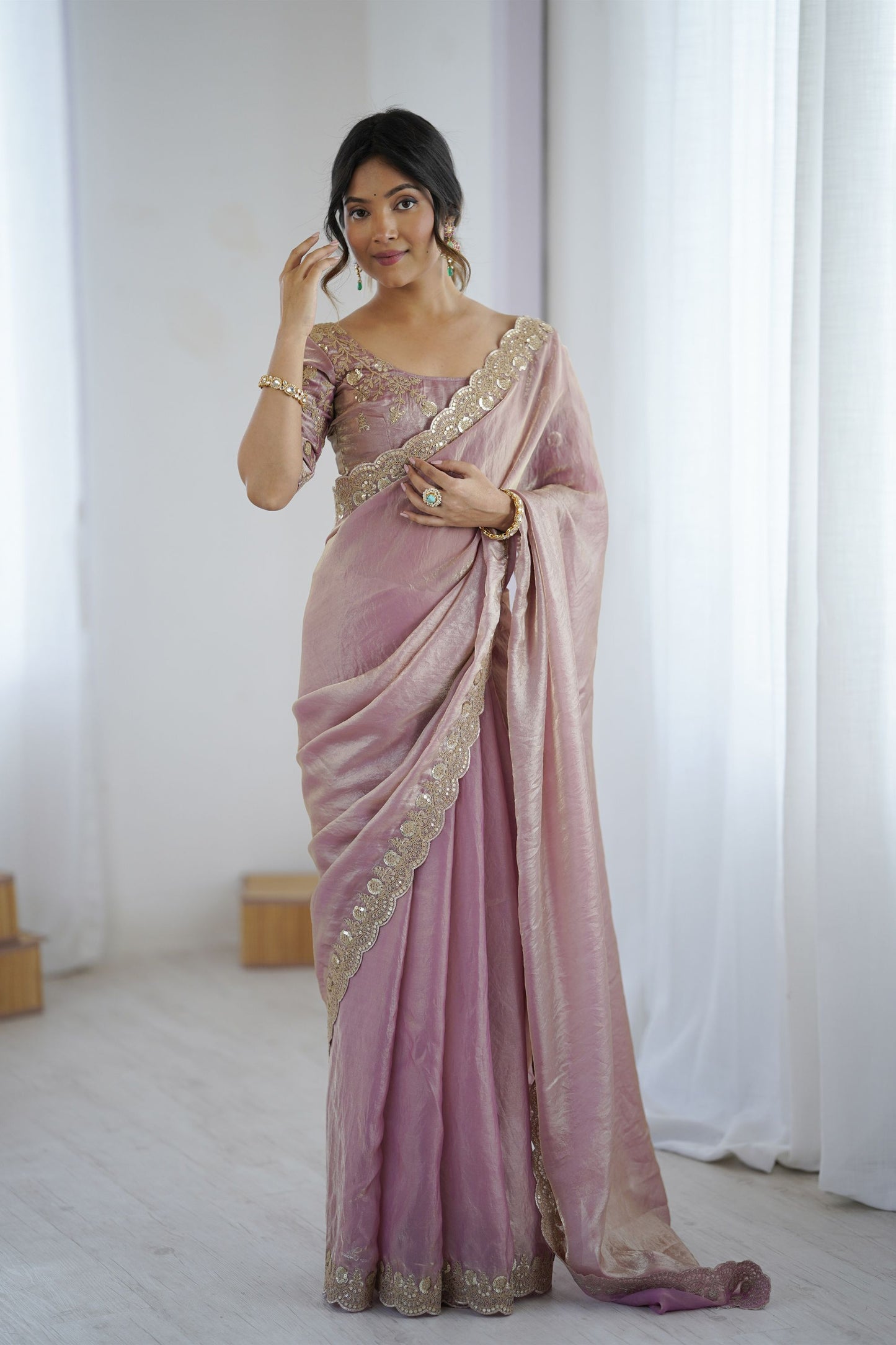 Beautifull Pink Fendy Satin Sequins Embroidery Work Saree for Women