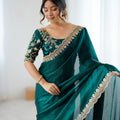 Gracefull Bottle Green Fendy Satin Sequins Embroidery Work Saree for Women