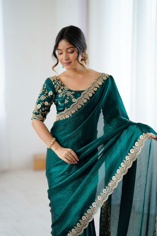 Gracefull Bottle Green Fendy Satin Sequins Embroidery Work Saree for Women