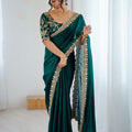 Gracefull Bottle Green Fendy Satin Sequins Embroidery Work Saree for Women