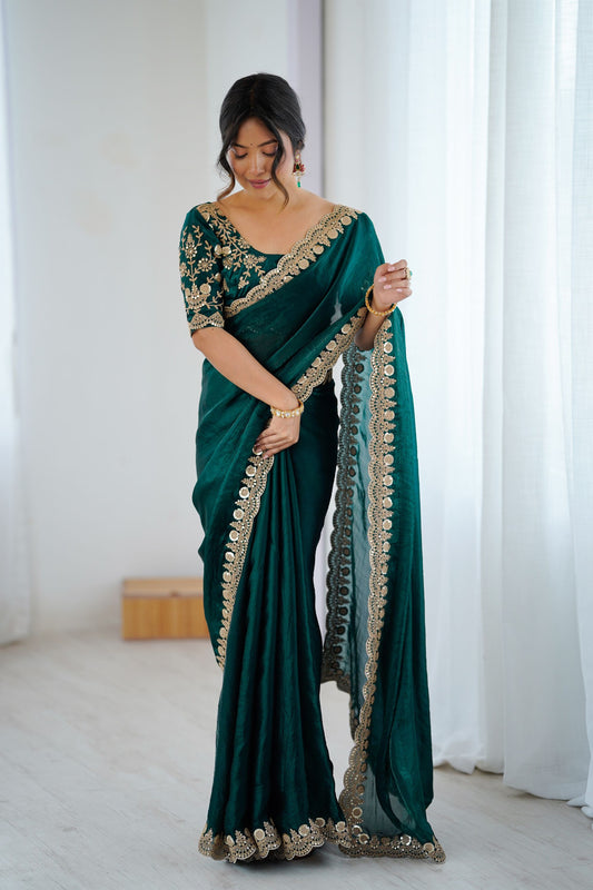 Gracefull Bottle Green Fendy Satin Sequins Embroidery Work Saree for Women
