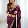 Luxury Wine Fendy Satin Sequins Embroidery Work Saree for Women