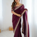Luxury Wine Fendy Satin Sequins Embroidery Work Saree for Women