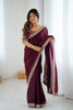 Luxury Wine Fendy Satin Sequins Embroidery Work Saree for Women