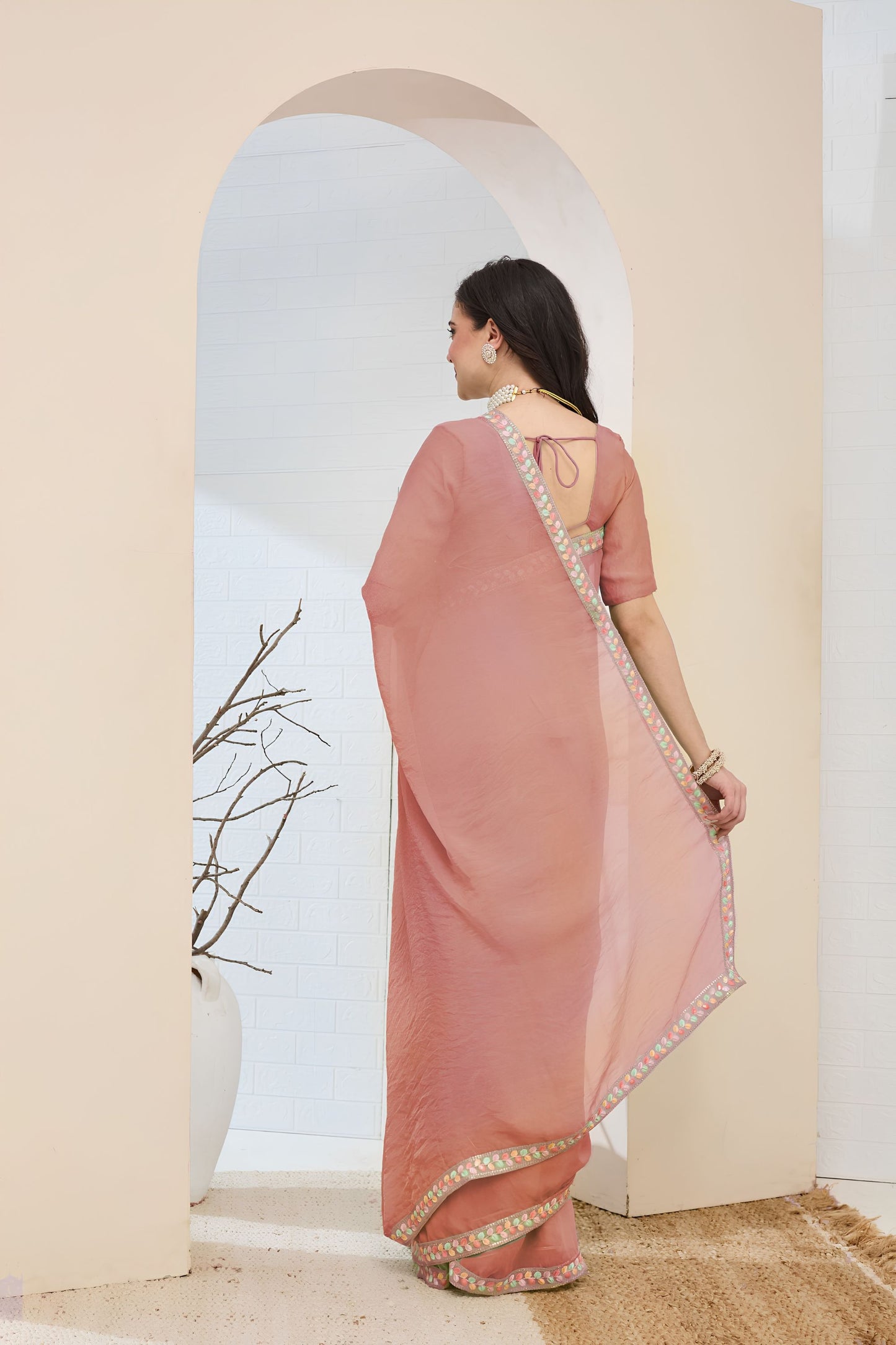 Beautiful Peach Silk Blend Saree Lace Work Border for Women