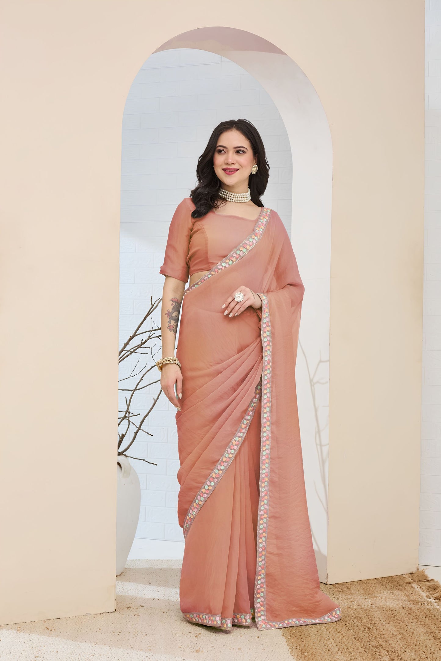 Beautiful Peach Silk Blend Saree Lace Work Border for Women