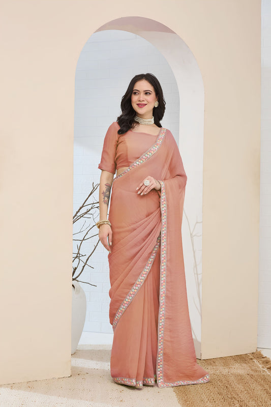Beautiful Peach Silk Blend Saree Lace Work Border for Women