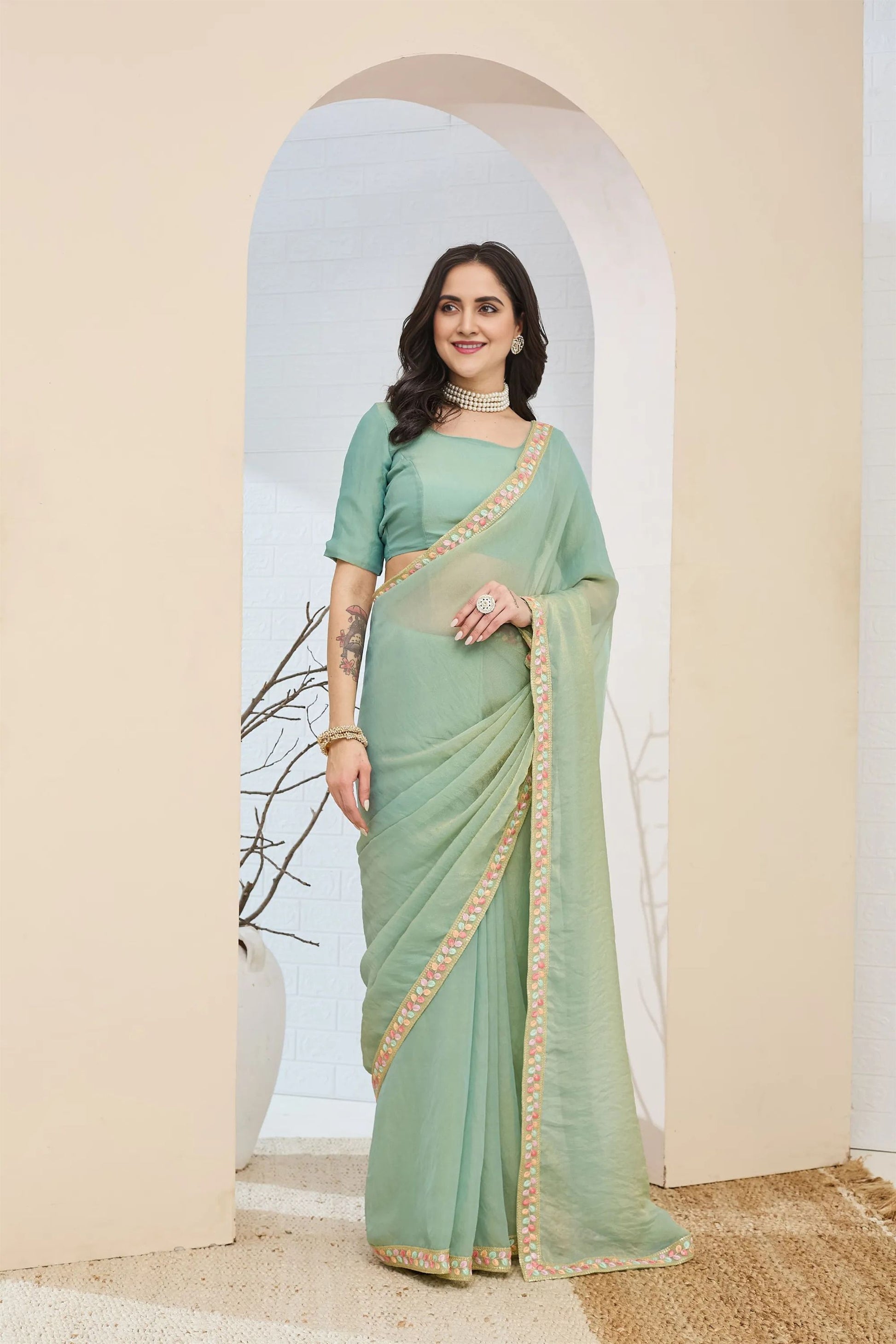 Graceful Sea Green Silk Blend Saree Lace Work Border for Women