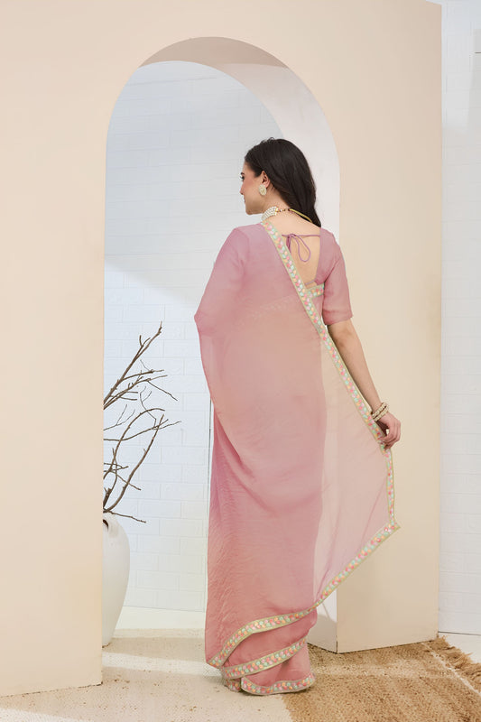 Premium Dusty Pink Silk Blend Saree Lace Work Border for Women