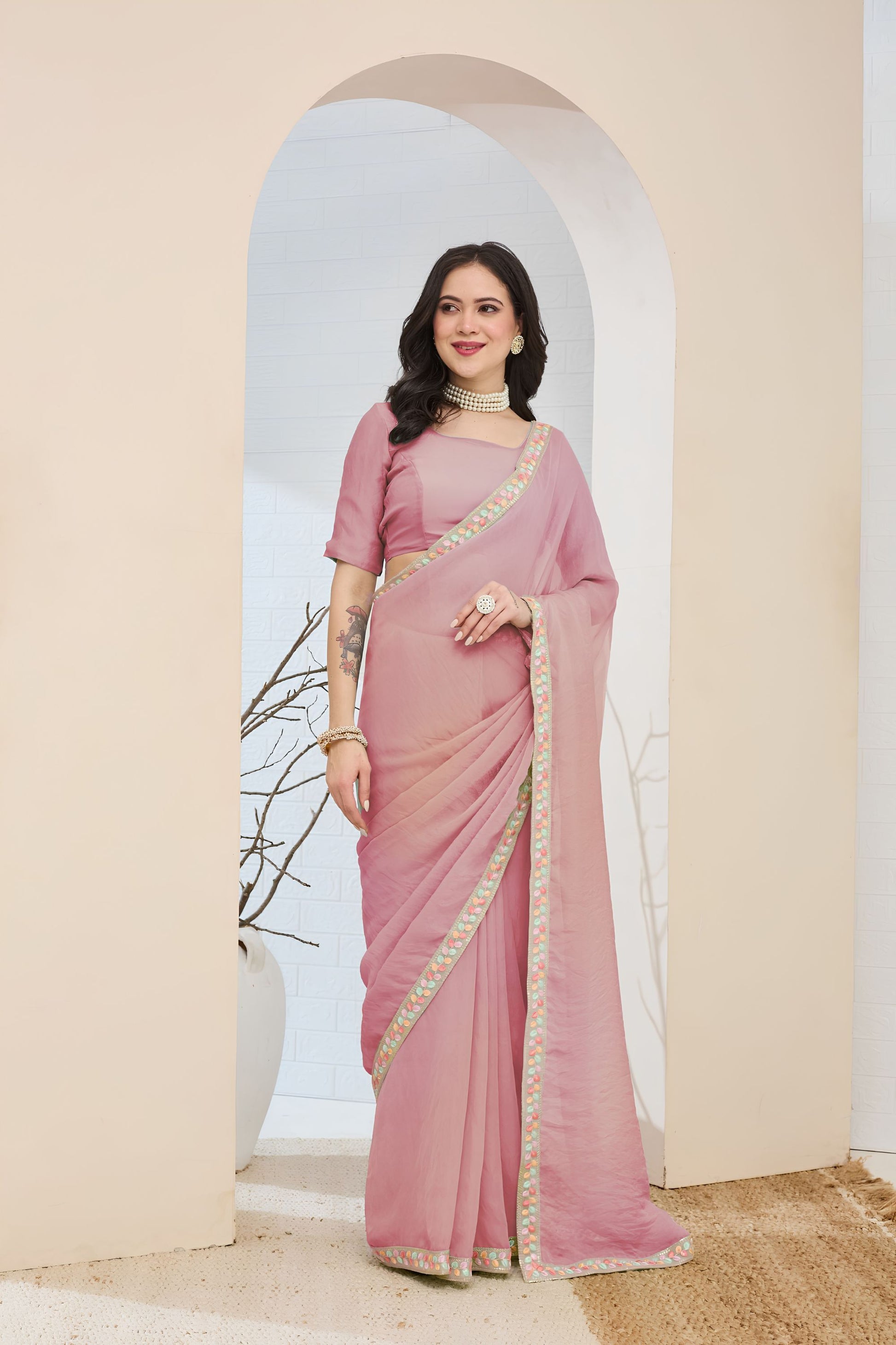 Premium Dusty Pink Silk Blend Saree Lace Work Border for Women