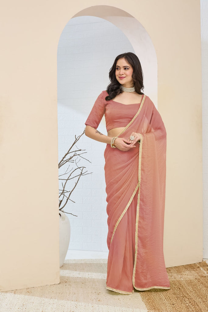 Stylish Rose Gold Silk Blend Saree Lace Border for Women