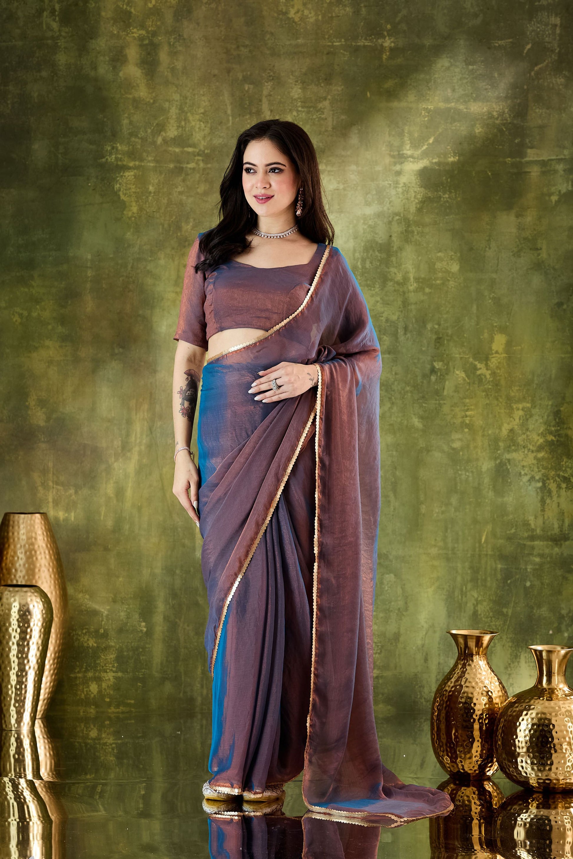 Lovely Brown Silk Blend Saree Lace Border for Women