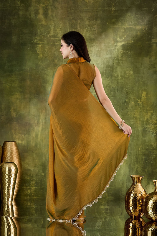 Stylish Mustard Yellow Silk Blend Saree Lace Border for Women