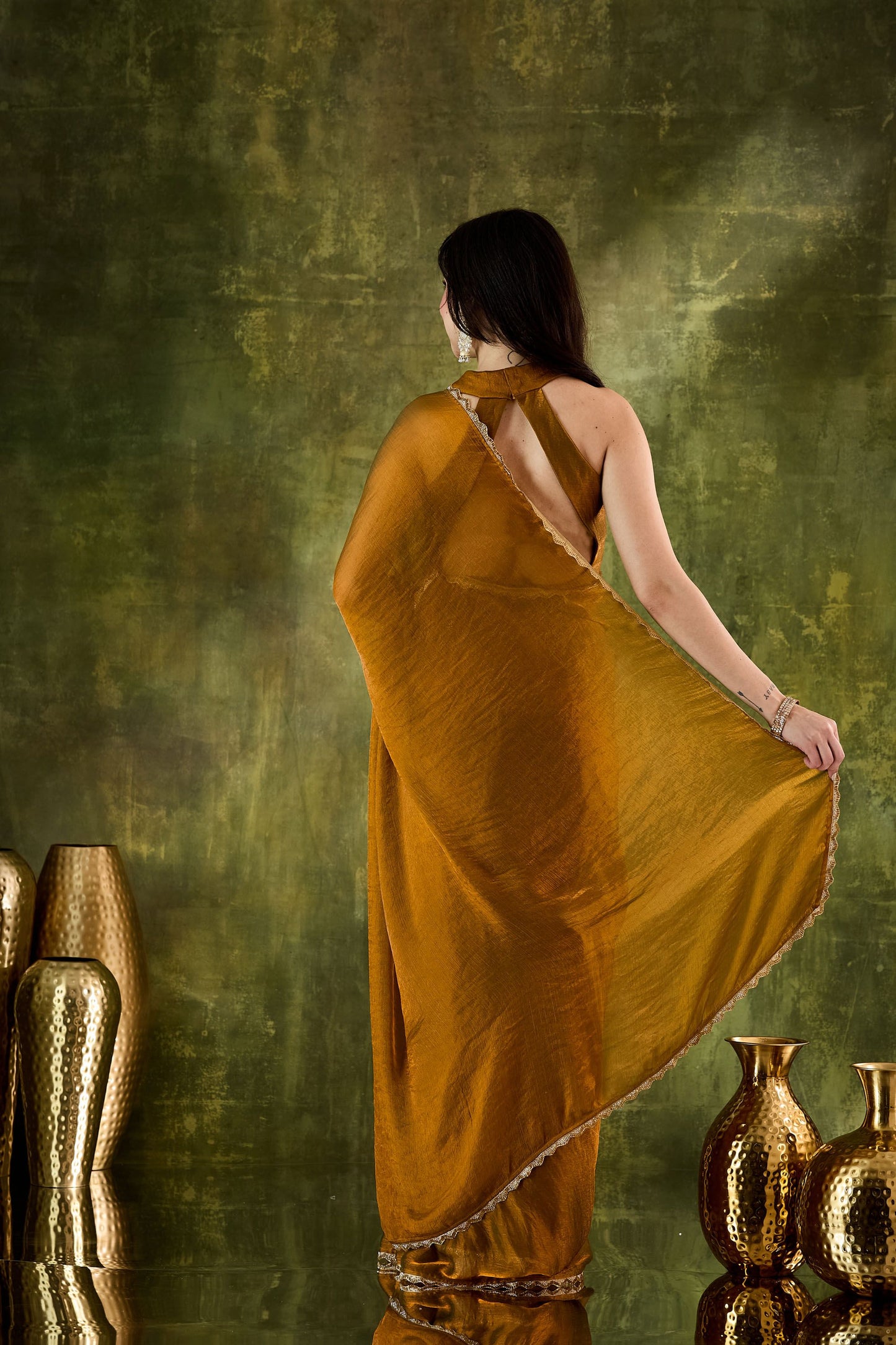 Elegant Mustard Gold Silk Blend Saree Lace Border for Women