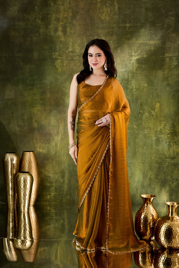 Elegant Mustard Gold Silk Blend Saree Lace Border for Women