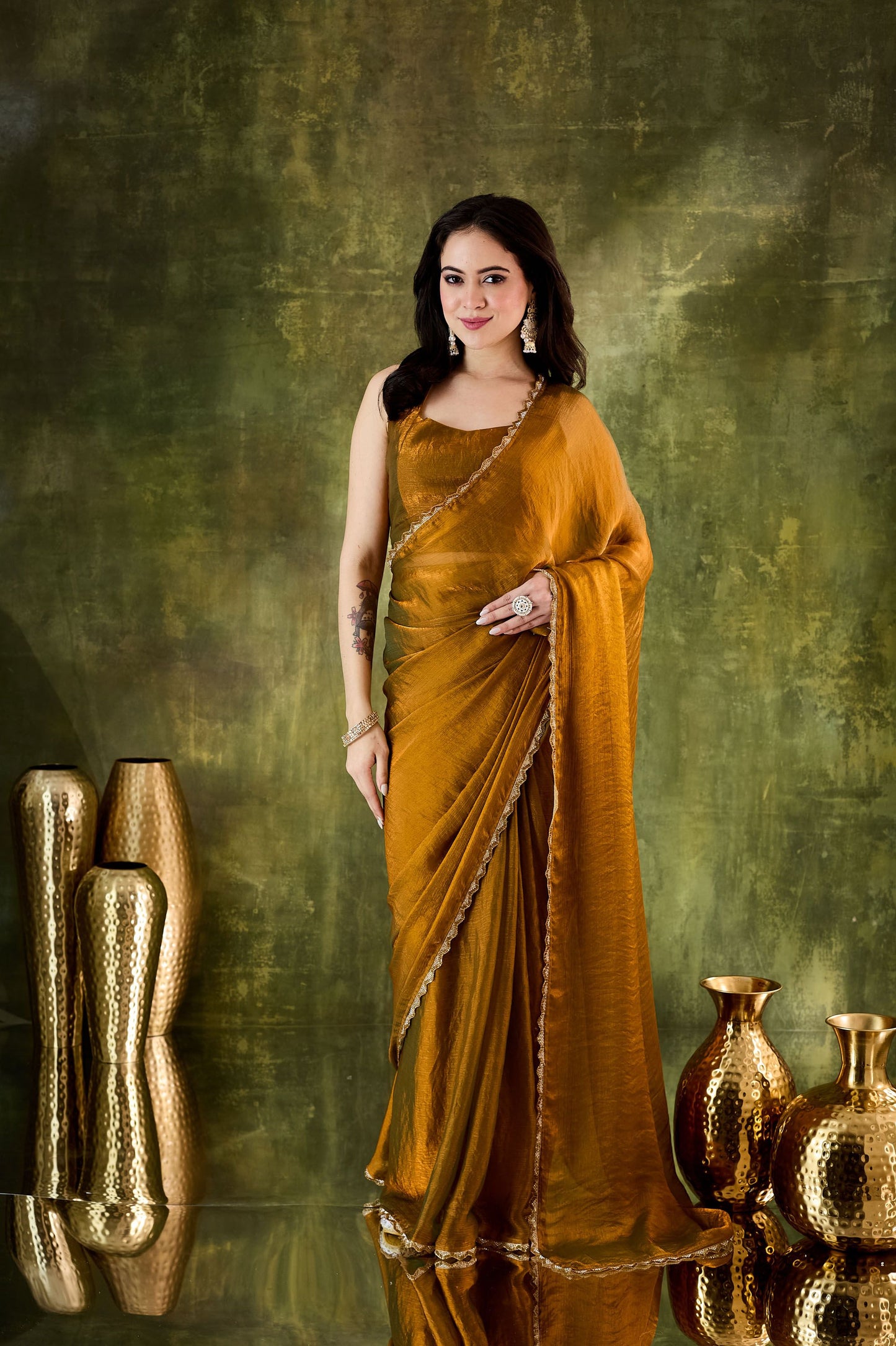 Elegant Mustard Gold Silk Blend Saree Lace Border for Women