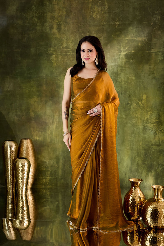 Elegant Mustard Gold Silk Blend Saree Lace Border for Women