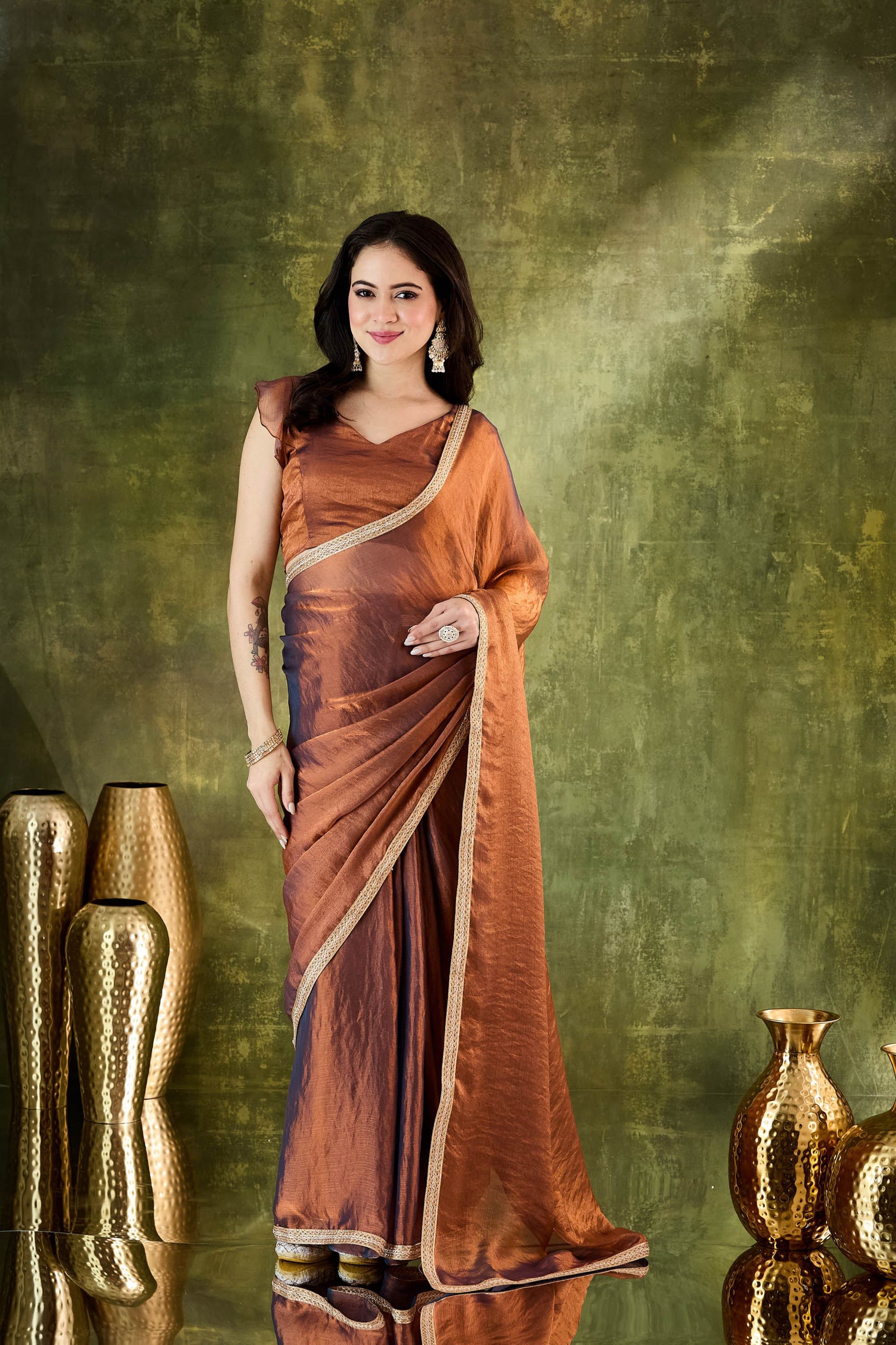 Premium Copper Brown Silk Blend Saree Lace Border for Women