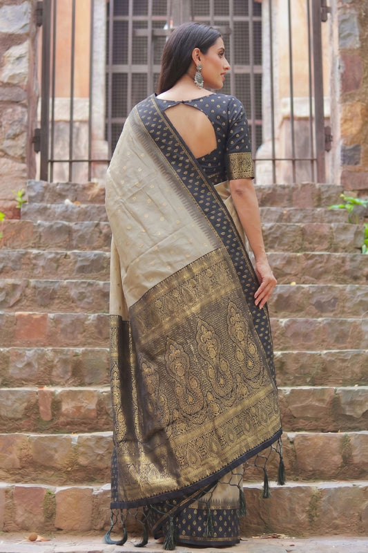 Premium Beige Cotton Weaving Jari Designer Saree for Women