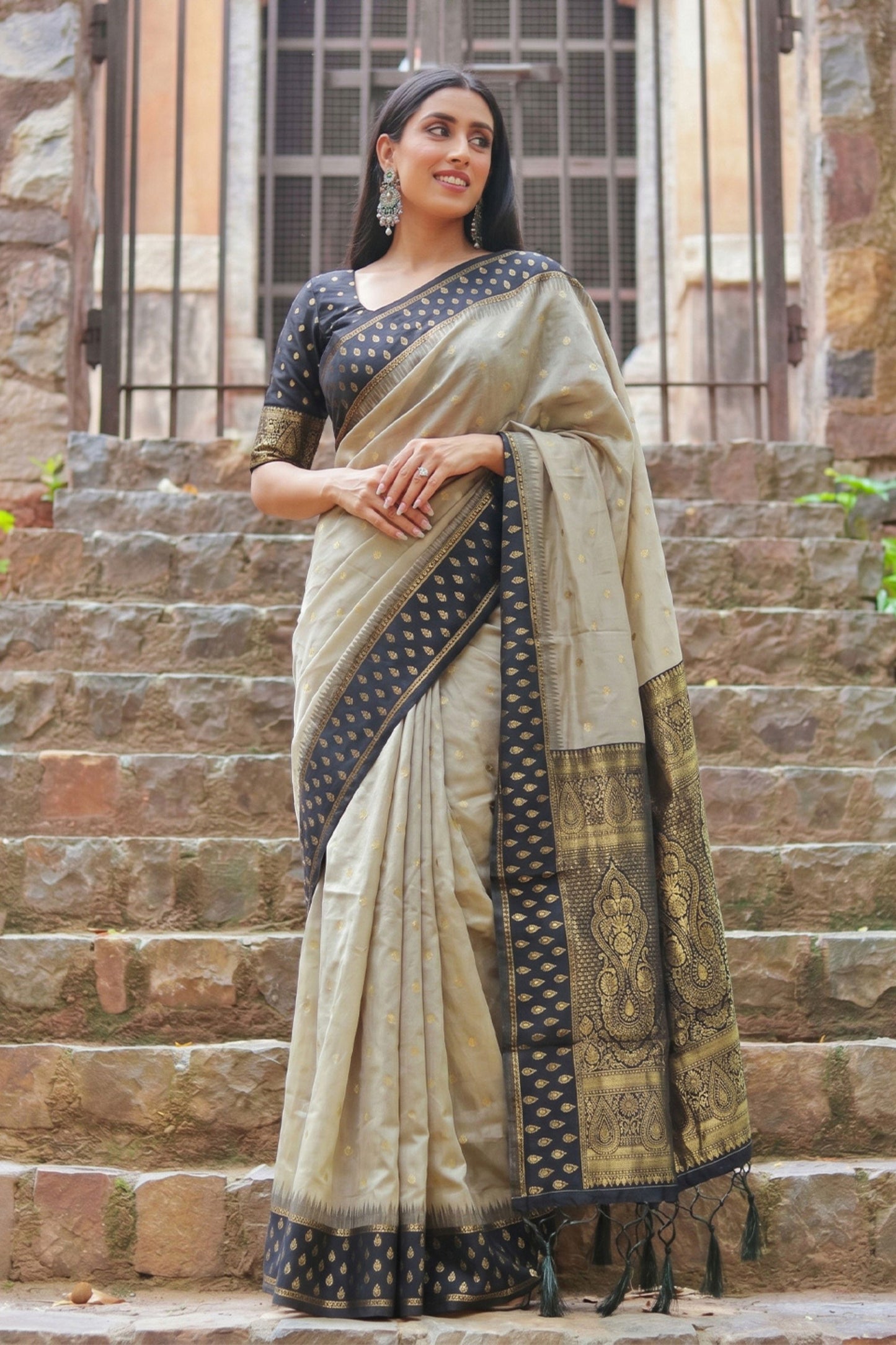 Premium Beige Cotton Weaving Jari Designer Saree for Women