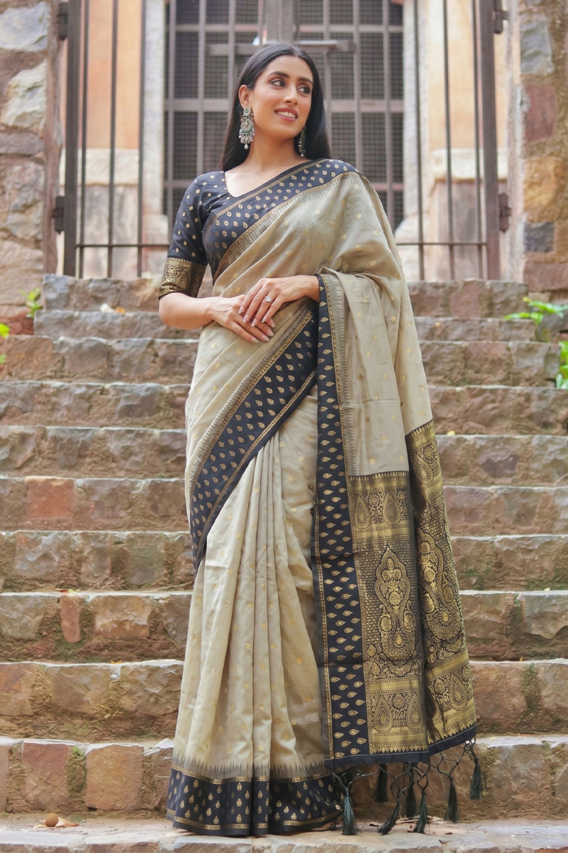 Premium Beige Cotton Weaving Jari Designer Saree for Women