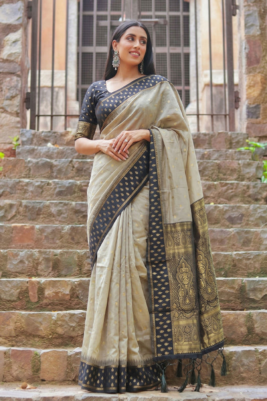 Premium Beige Cotton Weaving Jari Designer Saree for Women