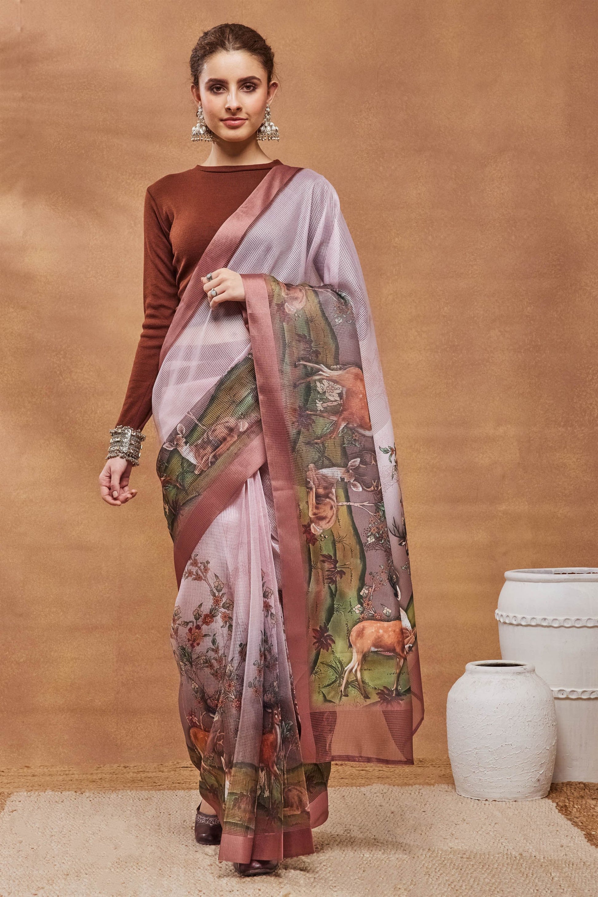 Elegant Dusty Pink Silk Blend Designer Printed Saree for Women