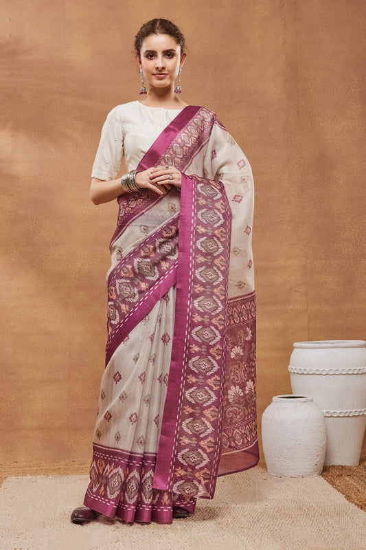 Premium Off White Silk Blend Designer Printed Saree for Women