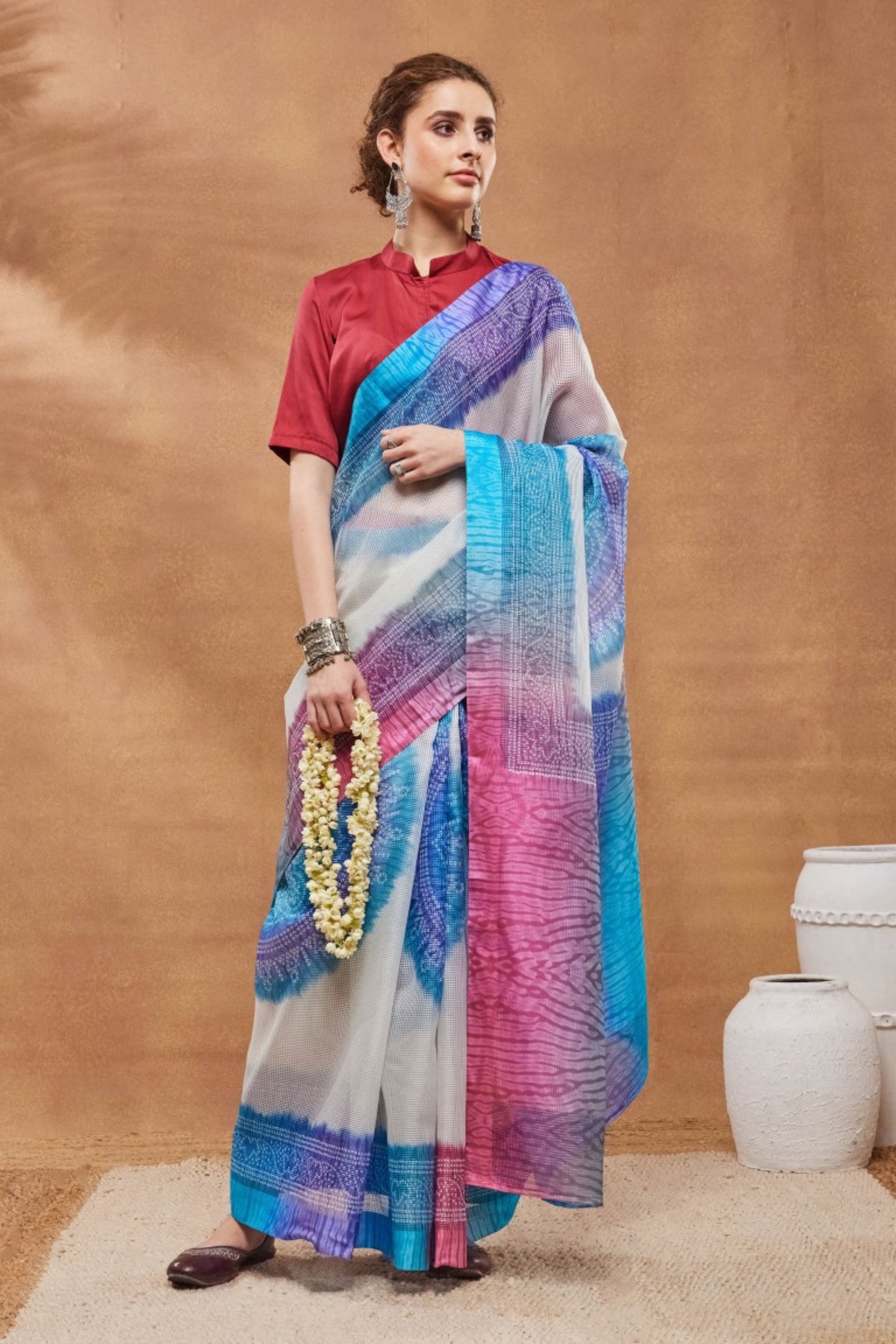Royal Blue Silk Blend Designer Printed Saree for Women