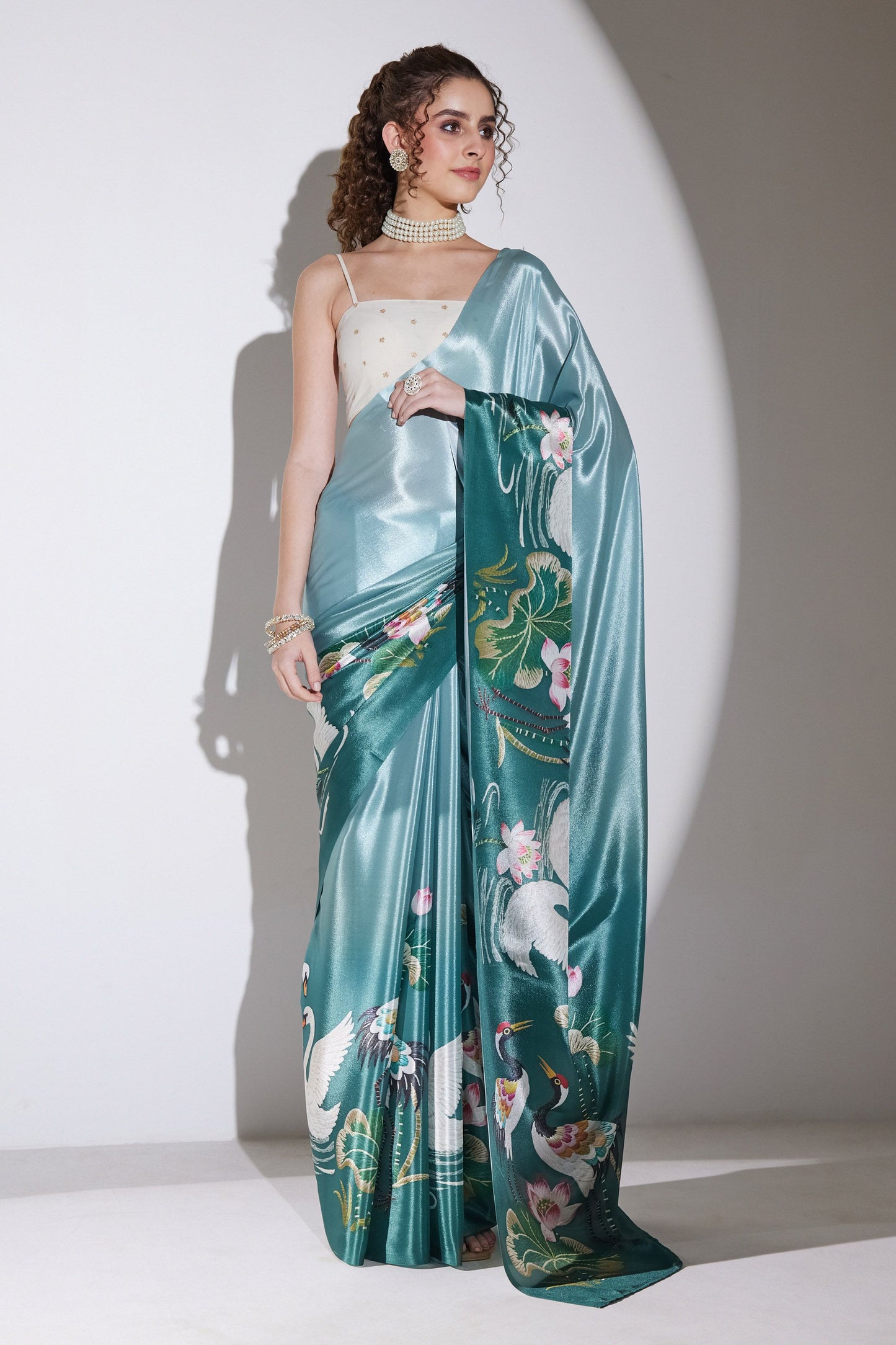Traditional Teal Green Silk Blend Designer Printed Saree for Women