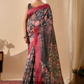 Graceful Charcoal Grey Silk Blend Designer Printed Saree for Women